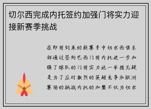 切尔西完成内托签约加强门将实力迎接新赛季挑战